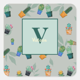 Niedlich Cactus Greenery Blume Pattern Quadratischer Aufkleber