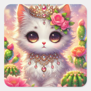 Niedlich Cactus Princess Cat Quadratischer Aufkleber