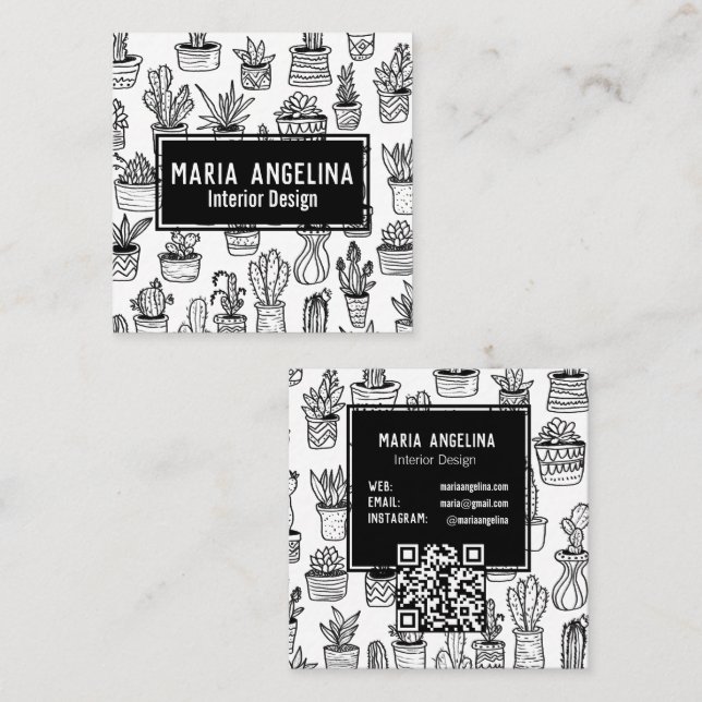Niedlich Cactus succulents Boho Doodle QR Code CUS Quadratische Visitenkarte (Vorne/Hinten)