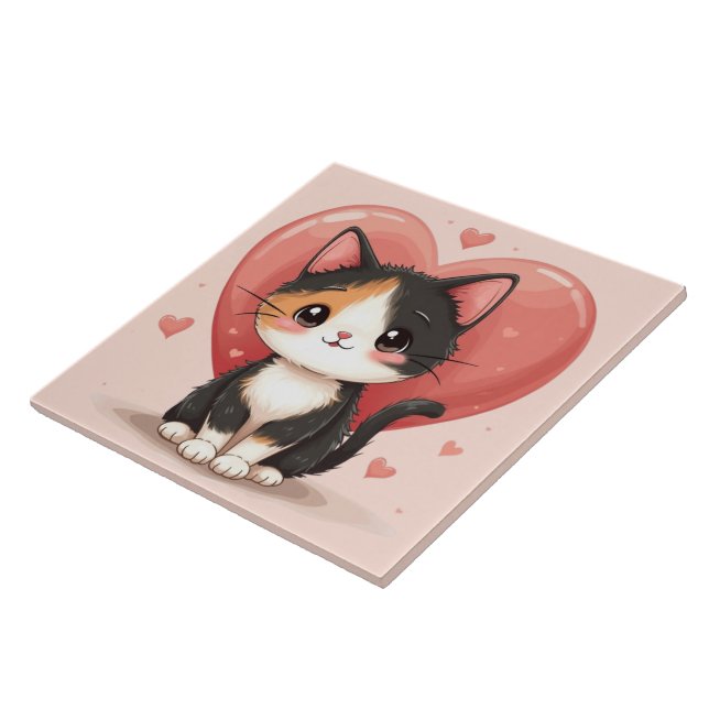 Niedlich Calico Cat Heart Kawaii Valentine Art Fliese (Seite)