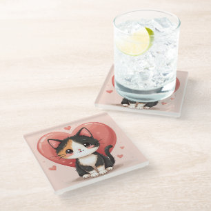 Niedlich Calico Cat Heart Kawaii Valentine Art Glasuntersetzer