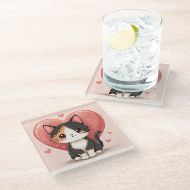 Niedlich Calico Cat Heart Kawaii Valentine Art Glasuntersetzer (Schrägansicht)