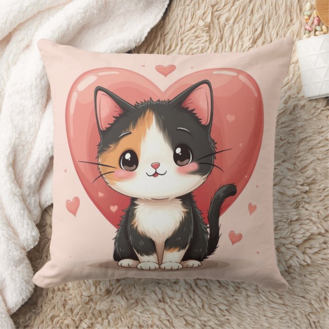 Niedlich Calico Cat Heart Kawaii Valentine Art Kissen (Decke)