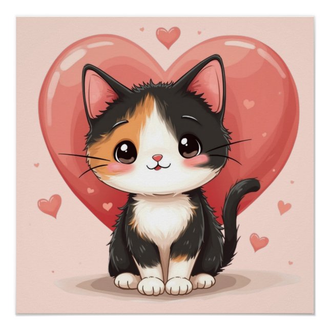 Niedlich Calico Cat Heart Kawaii Valentine Art Poster (Vorderseite)