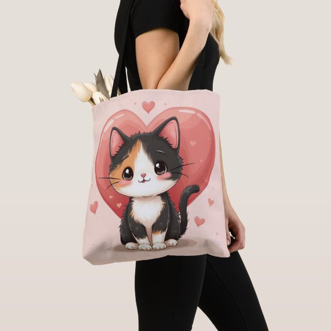 Niedlich Calico Cat Heart Kawaii Valentine Art Tasche (Von Nahem)