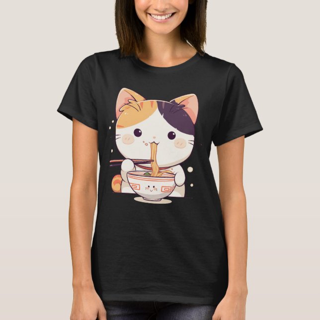 Niedlich Calico Cat Slurping Ramen T-Shirt (Vorderseite)