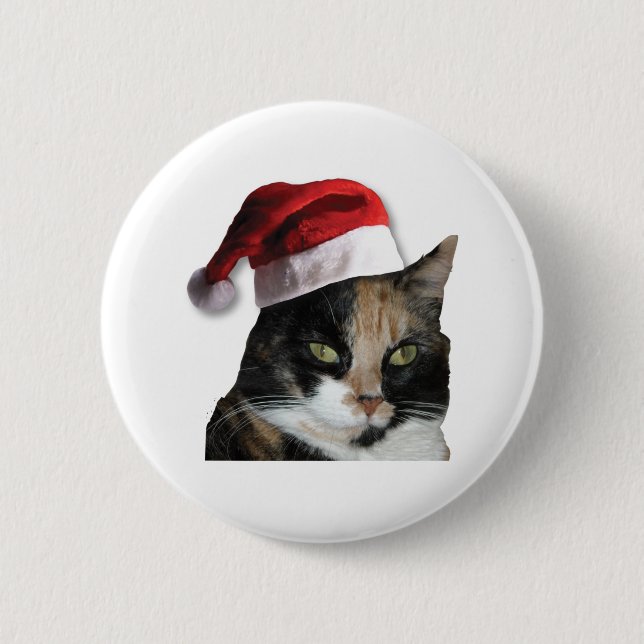 Niedlich Calico Cat Wear Weihnachtsmannmütze Button (Vorderseite)