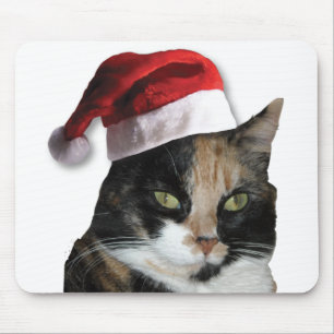 Niedlich Calico Cat Wear Weihnachtsmannmütze Mousepad