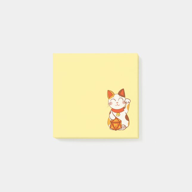 Niedlich Calico Maneki Neko mit D20 Dice Post-it Klebezettel (Vorderseite)