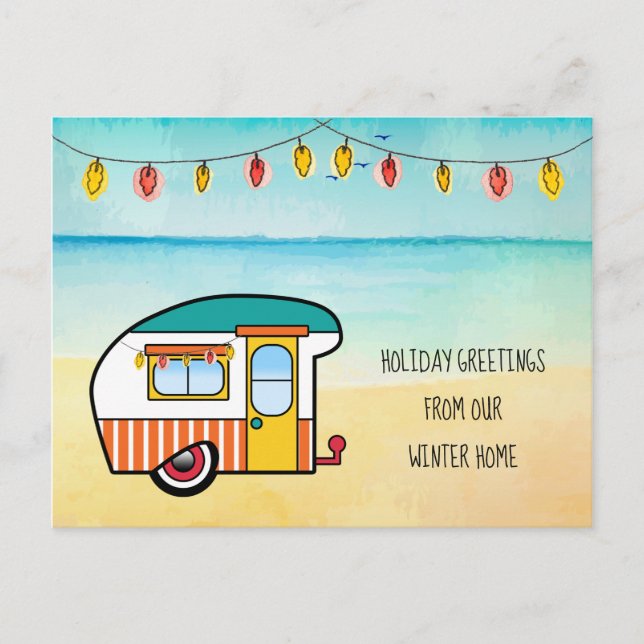 Niedlich Camper on Beach Winter Zuhause - neue Adr Ankündigungspostkarte (Vorderseite)