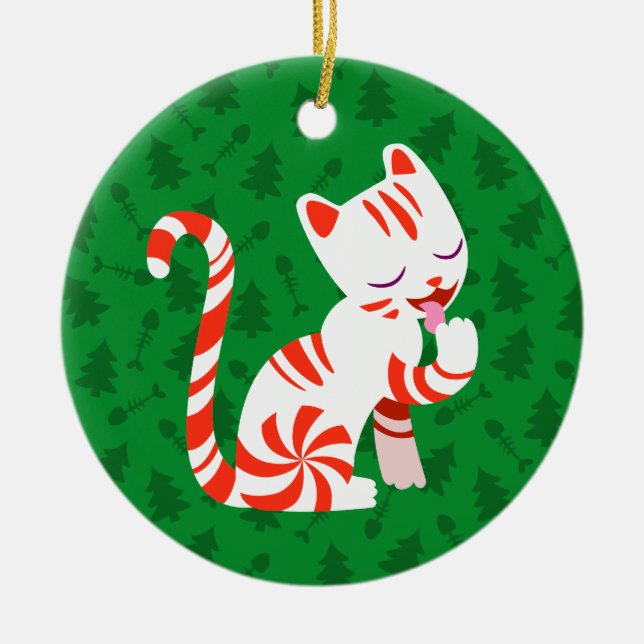Niedlich Candy Cane Cat Keramikornament (Vorne)
