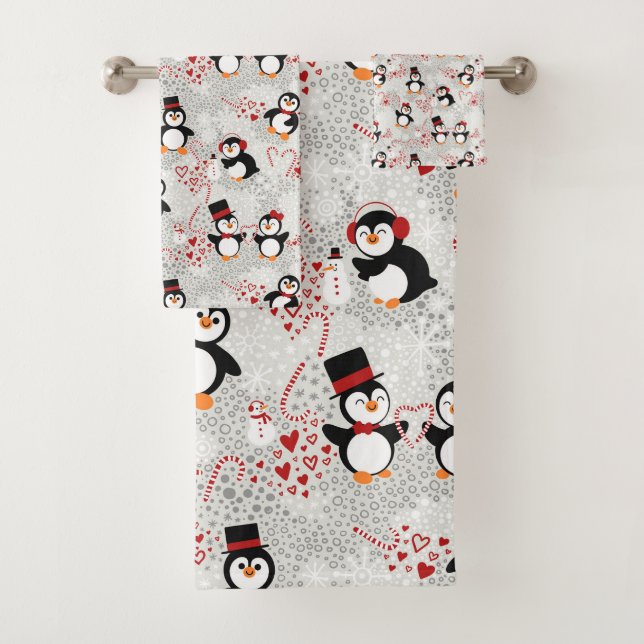 Niedlich Candy Cane Weihnachtspinguine Badhandtuch Set (Insitu)