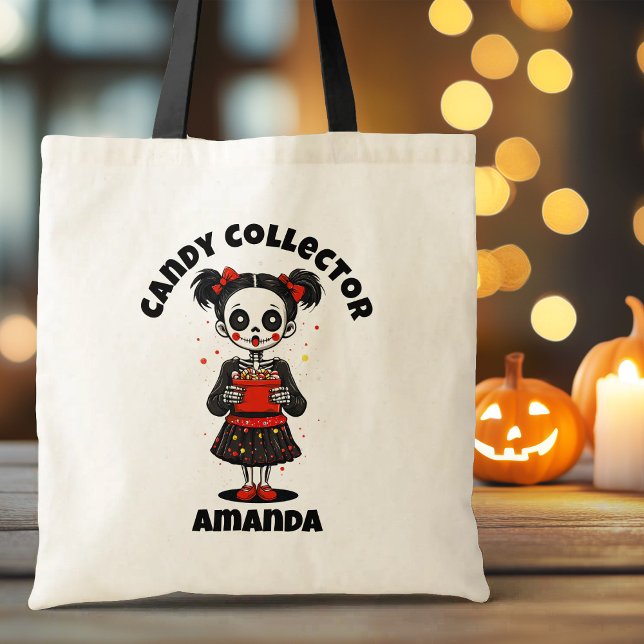 Niedlich Candy Collector Skeleton Girls Halloween Tragetasche (Cute Candy Collector Skeleton Girls Halloween Tote Bag)
