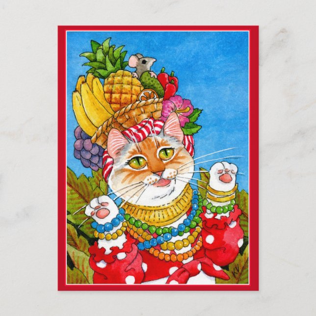 Niedlich Carmen Miranda Cat Fantasy Postcard Postkarte (Vorderseite)