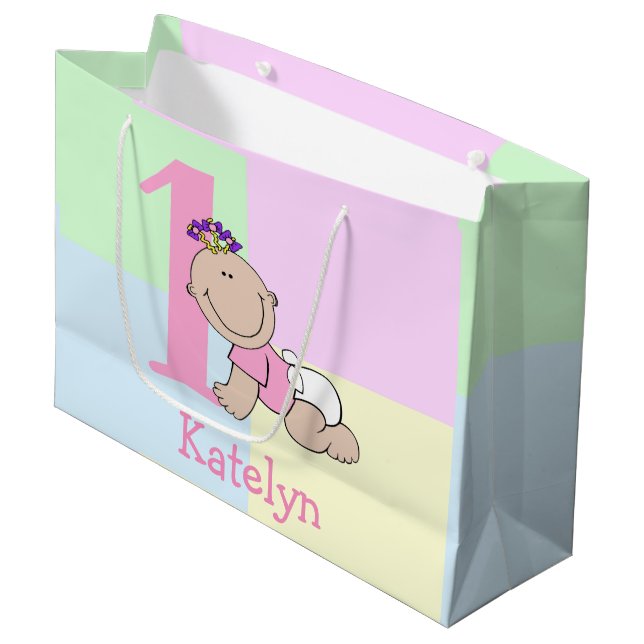 Niedlich Cartoon Baby Girl 1. Geburtstag Große Geschenktüte (Vorderseite Schrägansicht)