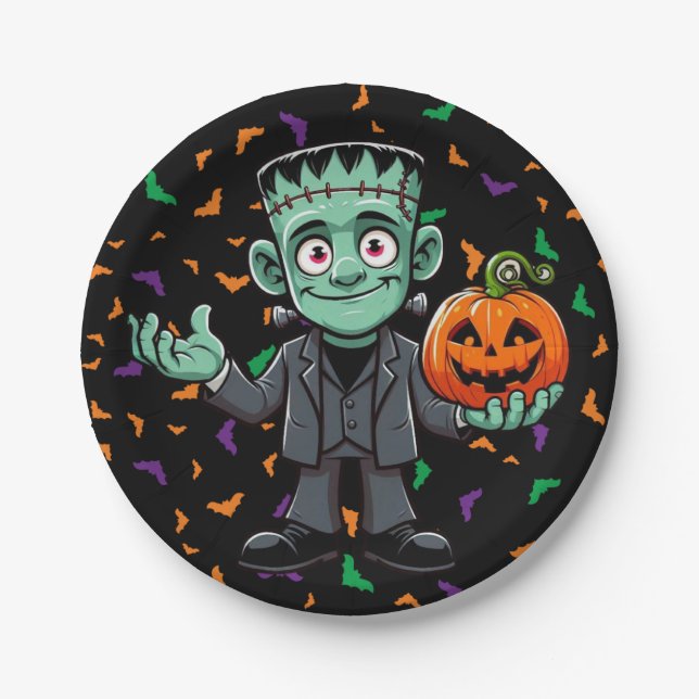 Niedlich, Cartoon Frankensteins Monster Pappteller (Vorderseite)