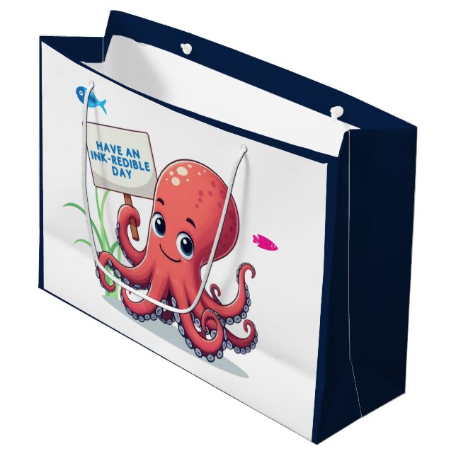 Niedlich, Cartoon-Oktopus mit Fischen Große Geschenktüte (Vorderseite Schrägansicht)