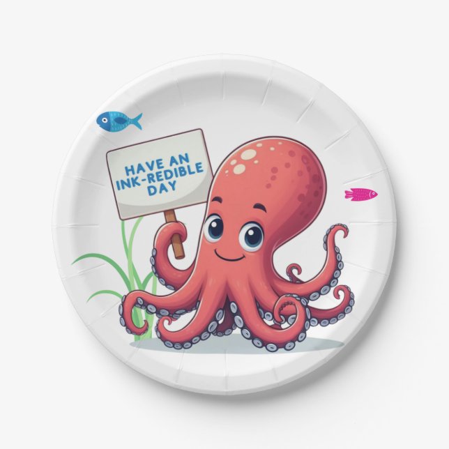 Niedlich, Cartoon-Oktopus mit Fischen Pappteller (Vorderseite)