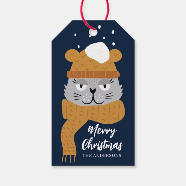 Niedlich Cat Blue Weihnachtsname Geschenkanhänger (Vorderseite)