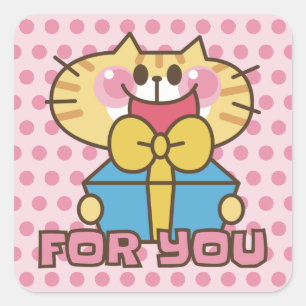 Niedlich Cat Cartoon Baby Pink Polka Dots Party Quadratischer Aufkleber