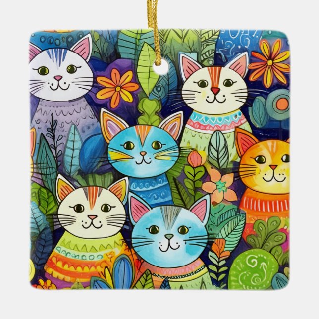Niedlich Cat Cartoon Muster Keramikornament (Vorderseite)