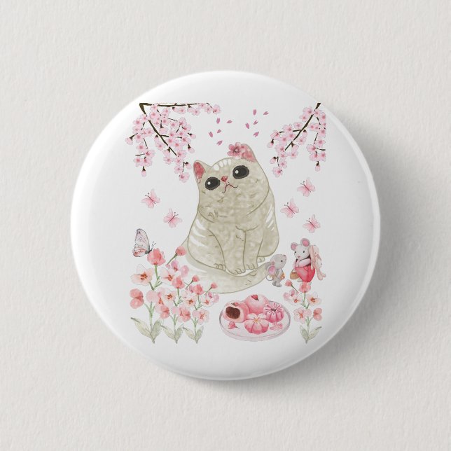 Niedlich Cat Cherry Blossom Button (Vorderseite)