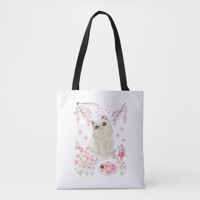 Niedlich Cat Cherry Blossom Tasche (Vorderseite)