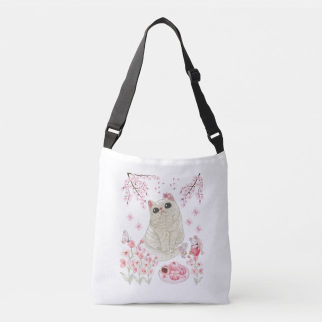 Niedlich Cat Cherry Blossom Tragetaschen Mit Langen Trägern (Vorderseite)