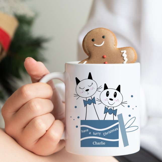 Niedlich Cat Christmas präsentiert Tasse (Blue Gre (Von Creator hochgeladen)