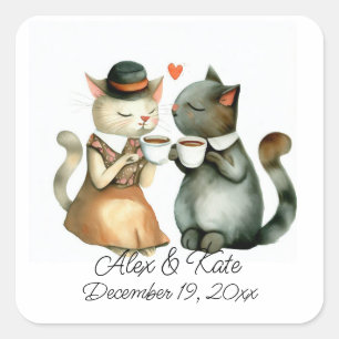 Niedlich Cat Couple   Romantische Hochzeit Quadratischer Aufkleber