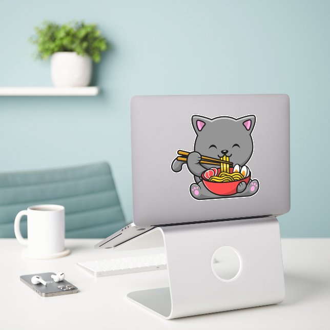 Niedlich Cat Eat Ramen Aufkleber (Laptop auf Schreibtisch)