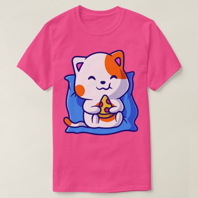 Niedlich Cat Eating Pizza on Pillow Cartoon T-Shirt (Design vorne)