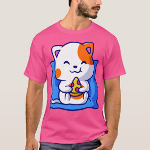 Niedlich Cat Eating Pizza on Pillow Cartoon T-Shirt