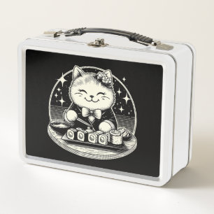 Niedlich Cat Eating Sushi Japanisch Kawaii Metall Brotdose