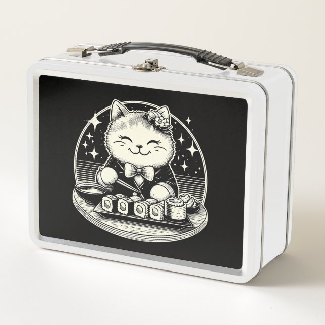 Niedlich Cat Eating Sushi Japanisch Kawaii Metall Brotdose (Vorderseite)