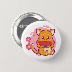 Niedlich Cat Eating Watermelone Kawaii Button