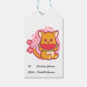 Niedlich Cat Eating Watermelone Kawaii Geschenkanhänger