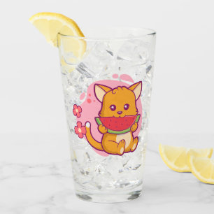 Niedlich Cat Eating Watermelone Kawaii Glas
