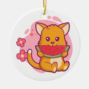 Niedlich Cat Eating Watermelone Kawaii Keramik Ornament