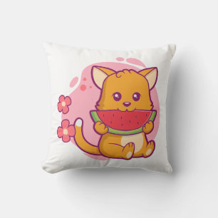 Niedlich Cat Eating Watermelone Kawaii Kissen