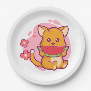 Niedlich Cat Eating Watermelone   Kawaii Pappteller