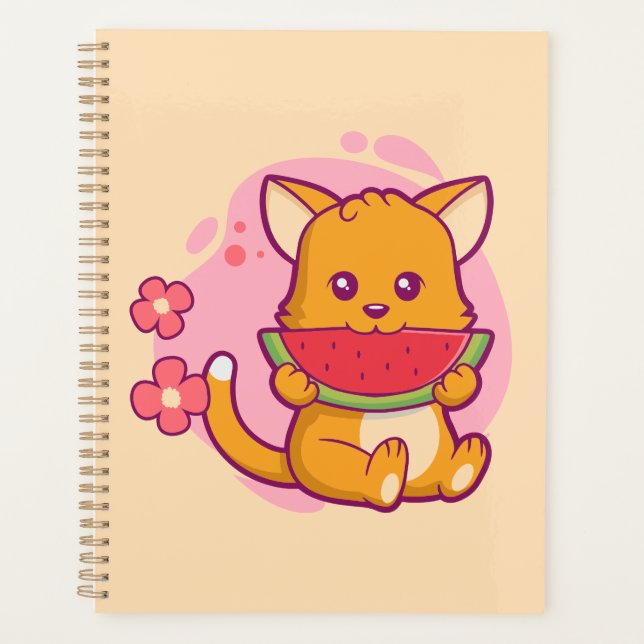 Niedlich Cat Eating Watermelone | Kawaii Planer (Vorderseite)