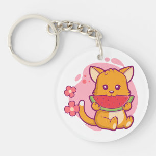 Niedlich Cat Eating Watermelone Kawaii Schlüsselanhänger