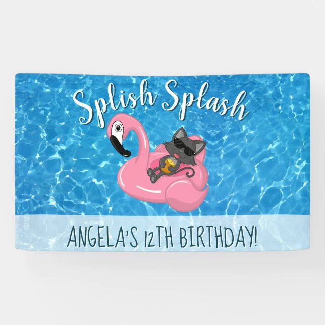 Niedlich Cat Flamingo Kindergeburtstag Pool Party Banner (Horizontal)