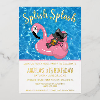 Niedlich Cat Flamingo Kindergeburtstag Pool Party Folieneinladung