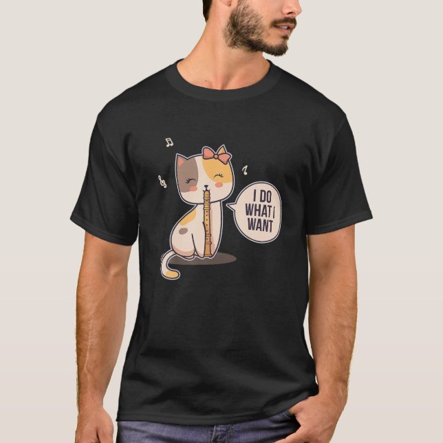 Niedlich Cat Flute Player Girl Flutist T-Shirt (Vorderseite)