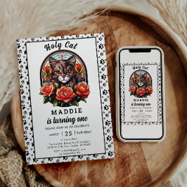 Niedlich Cat Girl Erster Geburtstag Einladung