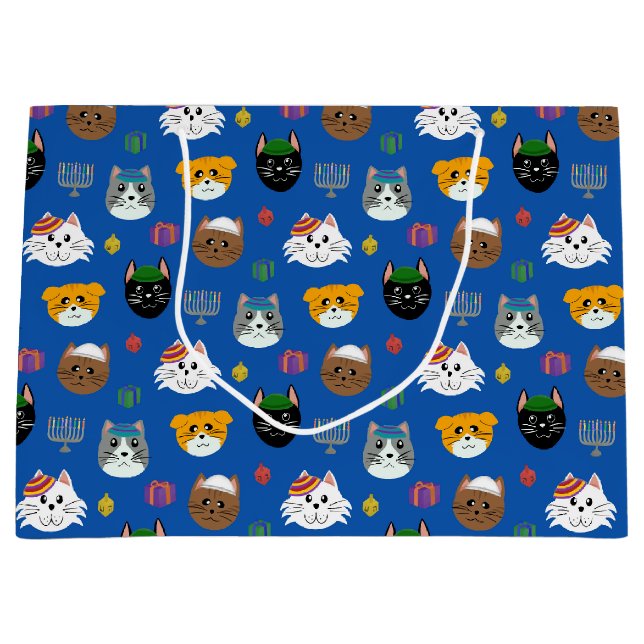 Niedlich Cat Hannukah Gemustert Große Geschenktüte (Vorderseite)