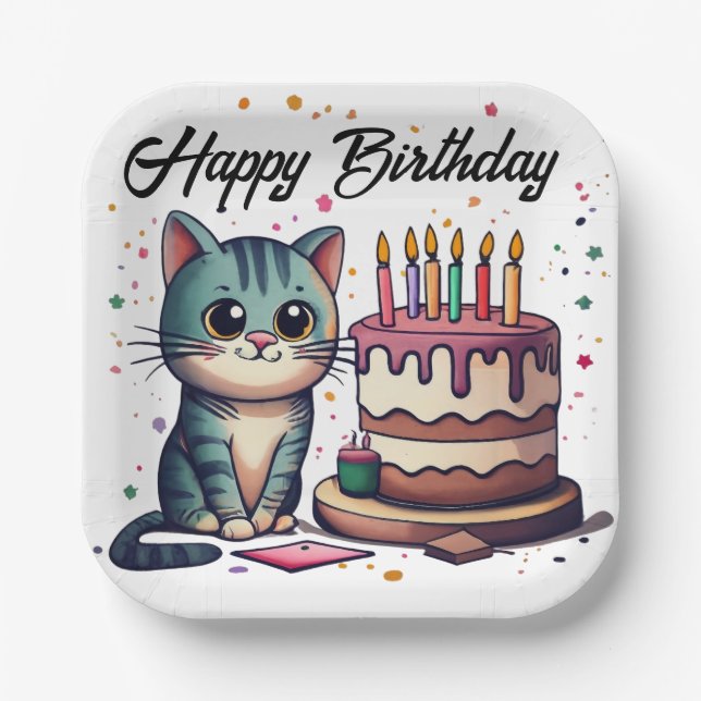 Niedlich Cat Happy Birthday Pappteller (Vorderseite)