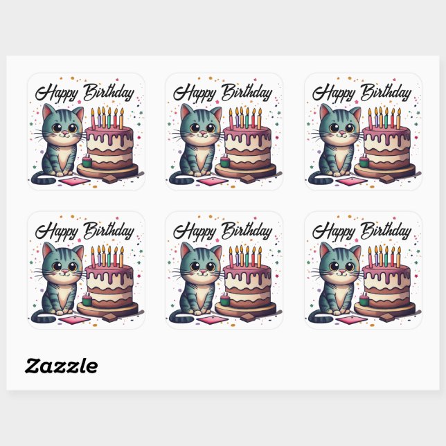 Niedlich Cat Happy Birthday Quadratischer Aufkleber (Blatt)